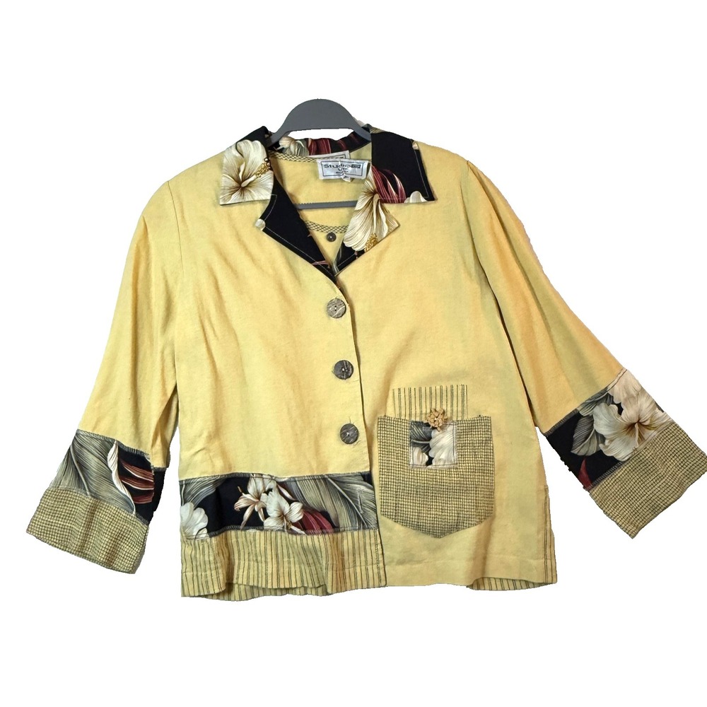 Vintage 90s Coastal Grandma Blouse Set Women SM Yellow Floral Embroidered Resort